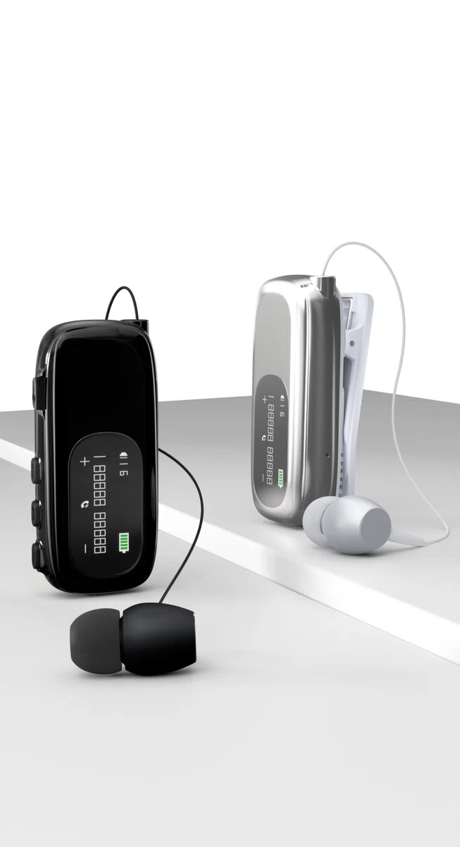 Bluetooth Business Headset mit Einziehbarem Kabel, Kabelloses Headset mit Mikrofon, Kabelloses Lavalier-Headset mit LCD-Display, Bluetooth 5.4, Verbindung zu 2 Mobiltelefonen (Schwarz)