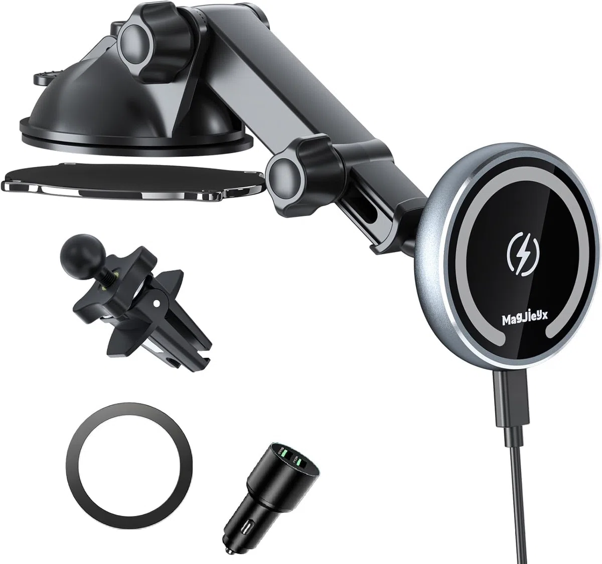 MAGJIEYX für Magsafe Autohalterung mit Ladefunktion, 15W Kabellose Schnellladen mit 38W QC 3.0 Ladegerät Starker Magnet 360° Drehung für iPhone 16 15 14 13 12 Serie Alle Smartphones Auto Zubehör