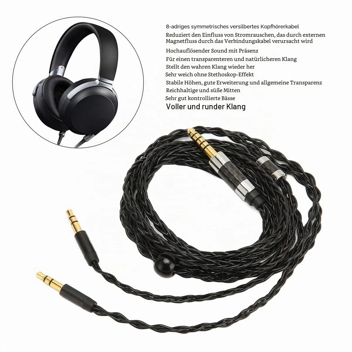 ASHATA Kopfhörer Audiokabel, 8 adrig, Symmetrisch, 4,4 Mm auf Zwei 3,5 mm Aux Audiokabel, Versilbert, für MDR Z7 Z1R, für Teloon D7100 D7200 D600 D9200, für T1 T5, 1,2 M