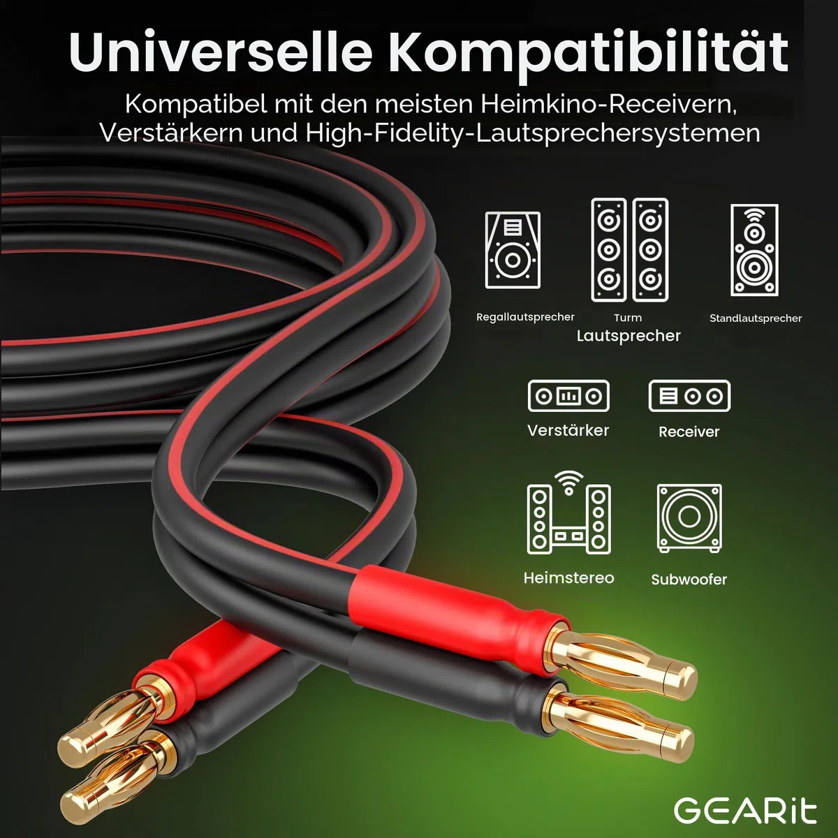 GEARit OFC Lautsprecher kabel 2 x 2,50 mm² 2 Meter Audio Kabel 14 AWG CL2 Speaker Cable HiFi Boxkabel 2 Adriges Kabel mit Vergoldeten Bananensteckern 2-Pack