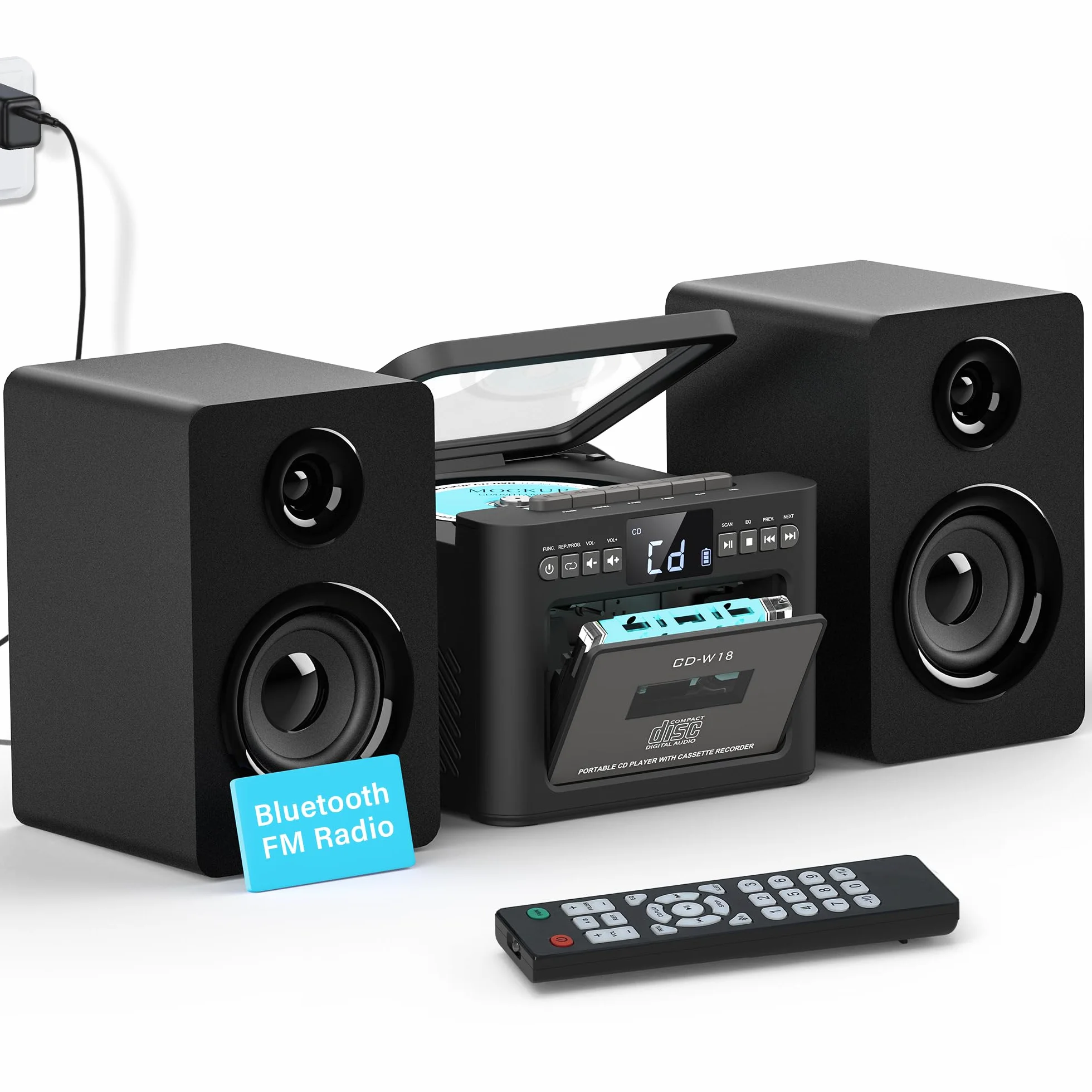 Greadio Stereoanlage mit CD Player und Kassettenrekorder, 40-W-Lautsprecher mit Bluetooth 5.1, Kassettenspieler mit FM Radio/USB/TF/AUX/Fernbedienung, HiFi Musikanlage (Schwarz)