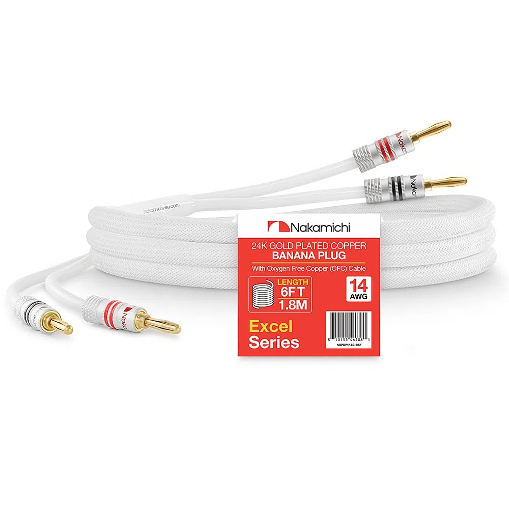 Nakamichi 24K vergoldeter Bananenstecker mit (6 Fuß) Lautsprecherkabel, 99,9% sauerstofffreies Kupfer (OFC), robustes geflochtenes Kabel, Heimkino-Verstärker - Weiß (14AWG / 6 Fuß / 1,8 Meter)