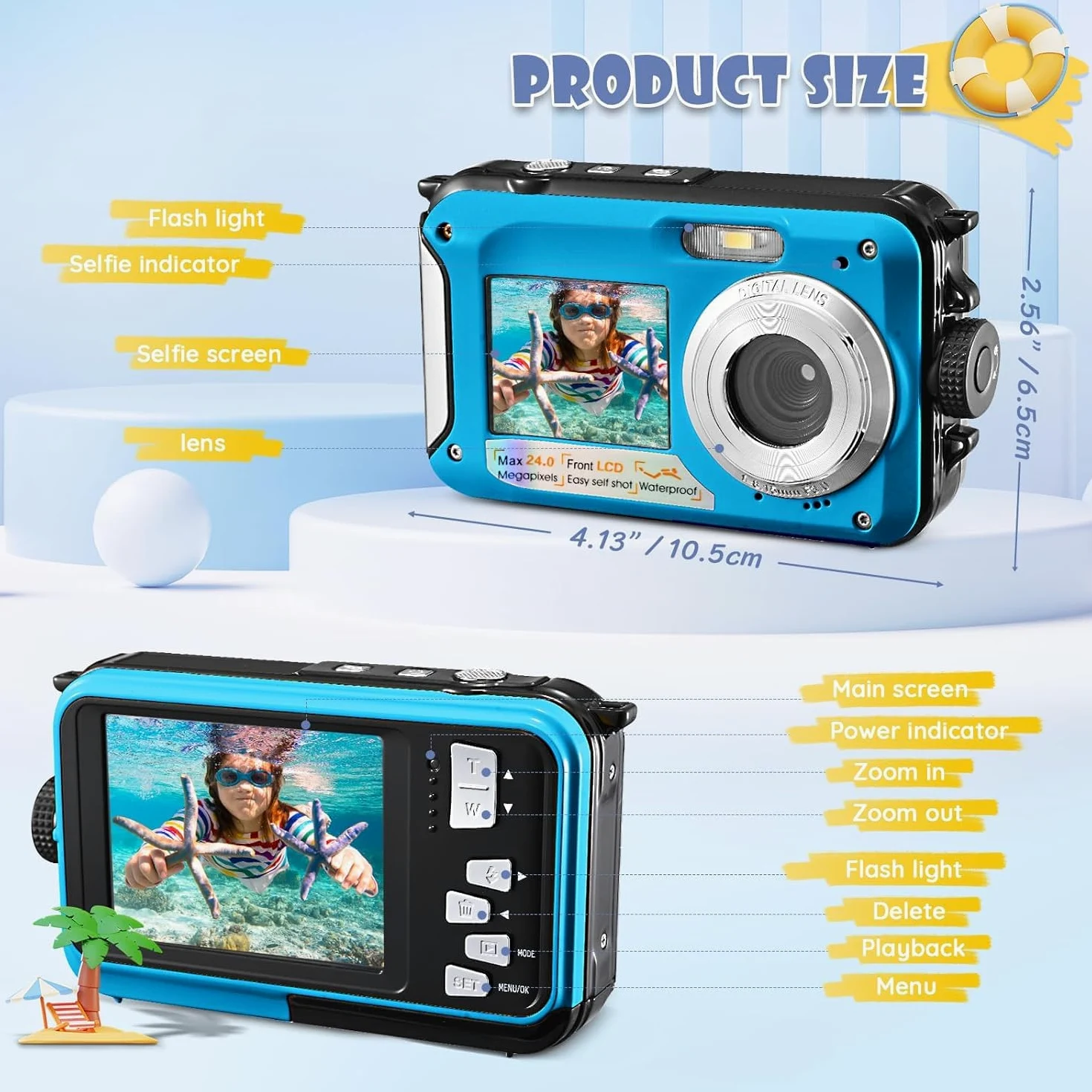 Digitalkamera, wasserdicht, Full HD 2,7 K, 48 MP, Doppelbildschirm, Anti-Vibration, Selfie, Doppelbildschirm, 16 x Zoom, Kamera für Schwimmen, Urlaub (blau)