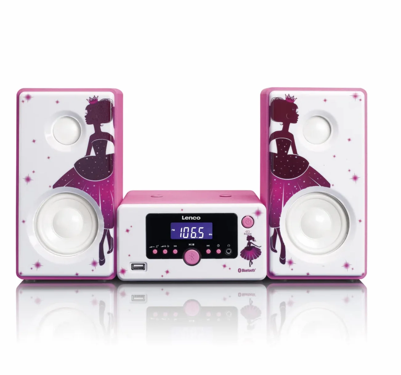 Lenco Stereoanlage MC-020 Kompaktanlage mit Bluetooth, USB und UKW-Radio (Weckfunktion, USB-Lader, Aux, Kopfhörerbuchse) 2 x 5 Watt (RMS), Princess