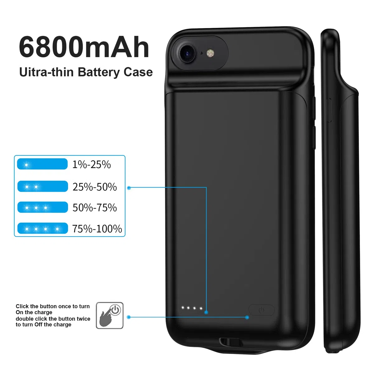Batteriegehäuse für iPhone 6/6s/7/8/SE (2020/2022) 4,7 Zoll, 6800 mAh tragbares Ladegerät-Hülle, wiederaufladbarer Akku, erweiterter Akku(4,7 Zoll), Schwarz