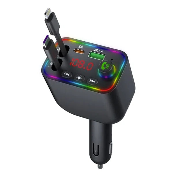 CAR-L4 FM Transmitter Auto Bluetooth 5.3, 120W Schnellladegerät mit USB/3.1A, Typ-C & Lightning Kabel, Schwenkbarer Kopf, 7-Farben LED, MP3 Player, Freisprechanlage, U-Disk Unterstützung