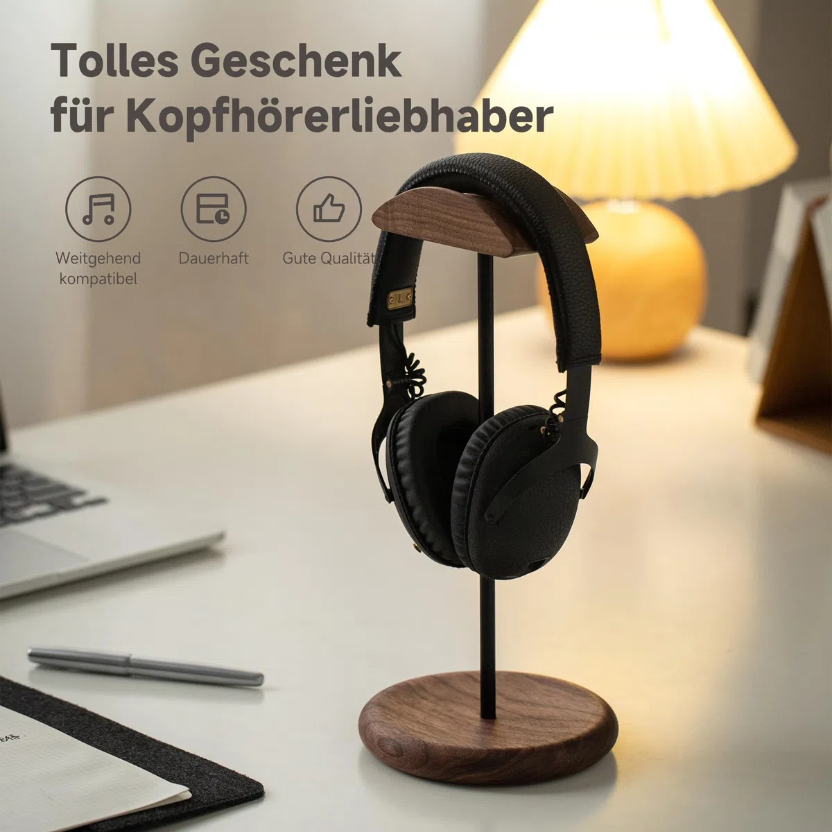 muso wood Headset Halterung Tisch Kopfhörer Ständer aus Walnussholz und Aluminium, stabiler Kopfhörerständer aus Holz, nachhaltiger Headset Ständer, Gaming Kopfhörer Halterung Halter