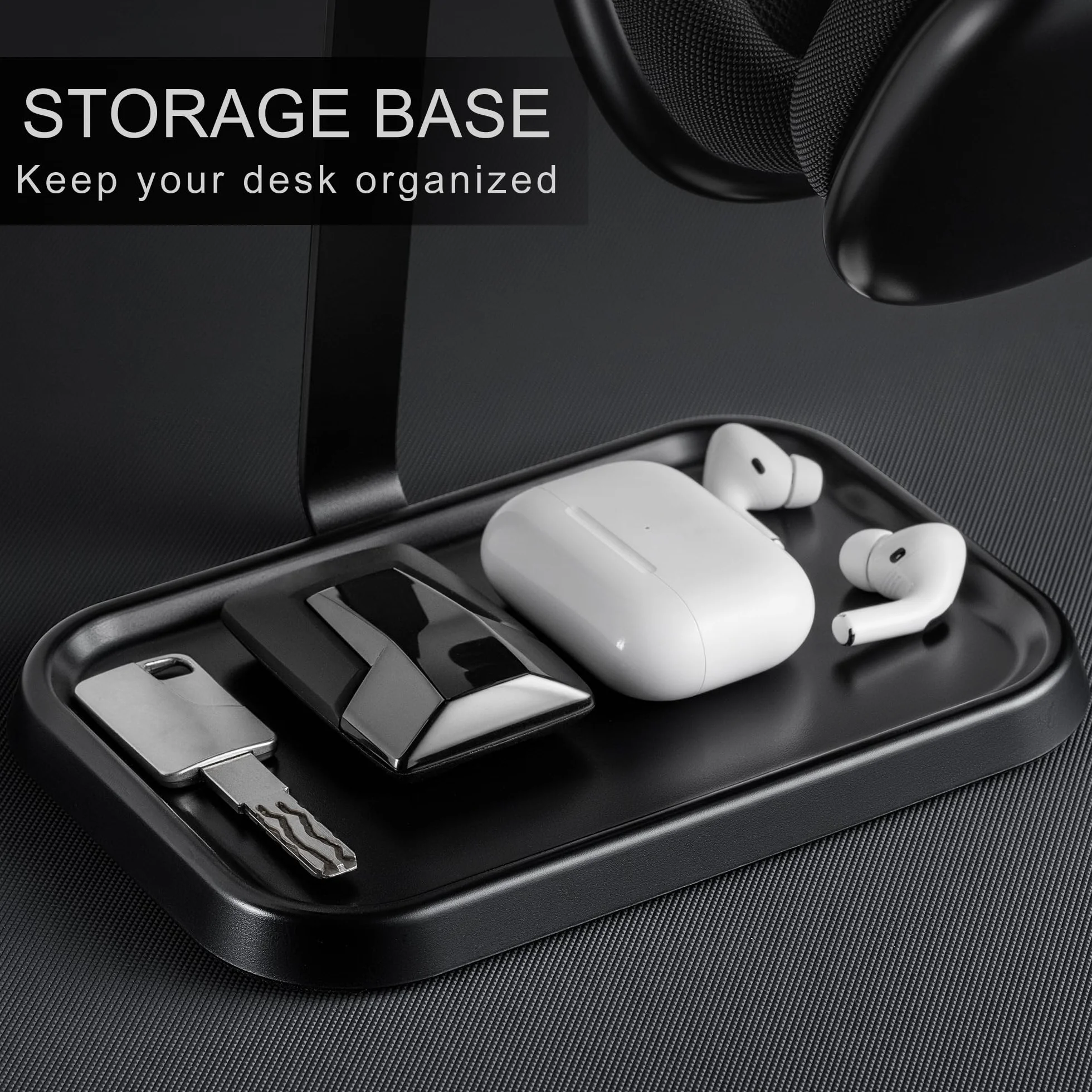 Doppel Kopfhörer Ständer, Stabiler Doppel Headset Halterung mit Ablagefach, Schwere Basis Gaming Kopfhörer Halter mit für Schreibtisch (Schwarz)