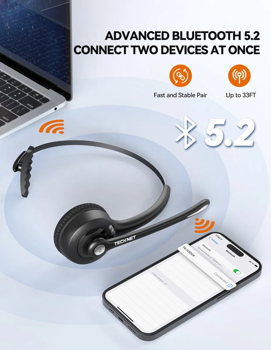 TECKNET Bluetooth Headset mit Mikrofon, kabelloses PC Headset Rauschunterdrückung und Freisprechen Chat Headset für Computer, Callcenter, Telefonkonferenzen, Super Leicht, Ultra Komfort