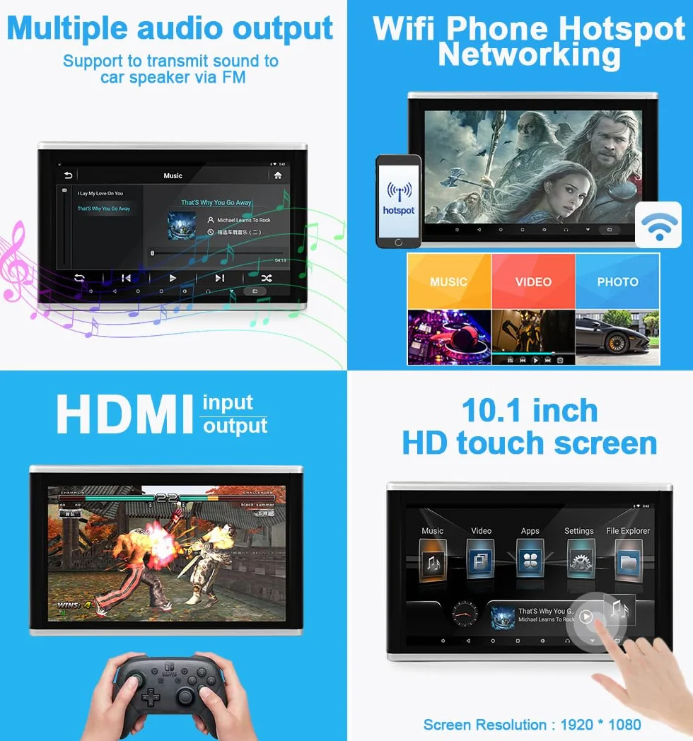 Auto-Kopfstützen-Videoplayer - 11,6-Zoll-4K-Universal-Auto-Tablet, Multimedia-Player-Rücksitz-Unterhaltungssystem 1+16G, Autovideo für Android 9.0, Unterstützung Mehrerer Sprachen
