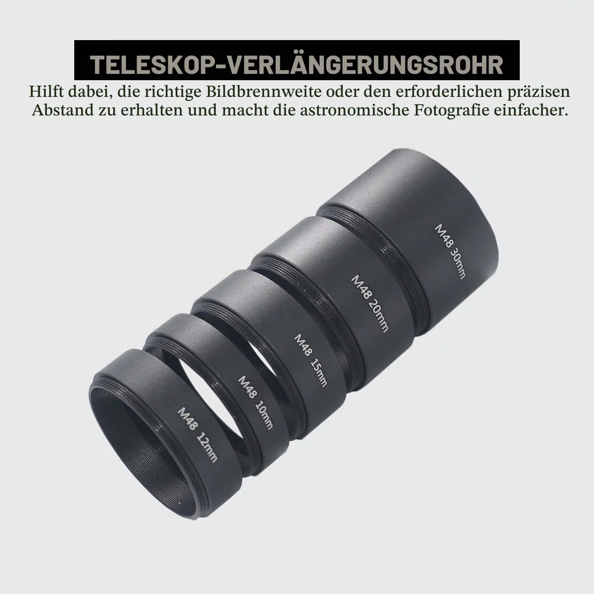 8 Stück M48 x 0,75 Teleskop-Verlängerungsrohr-Set, T2-Verlängerungsrohr-Set, Länge 3 mm, 5 mm, 7 mm, 10 mm, 12 mm, 15 mm, 20 mm, 30 mm, ausziehbar für astronomische Teleskop-Fotografie