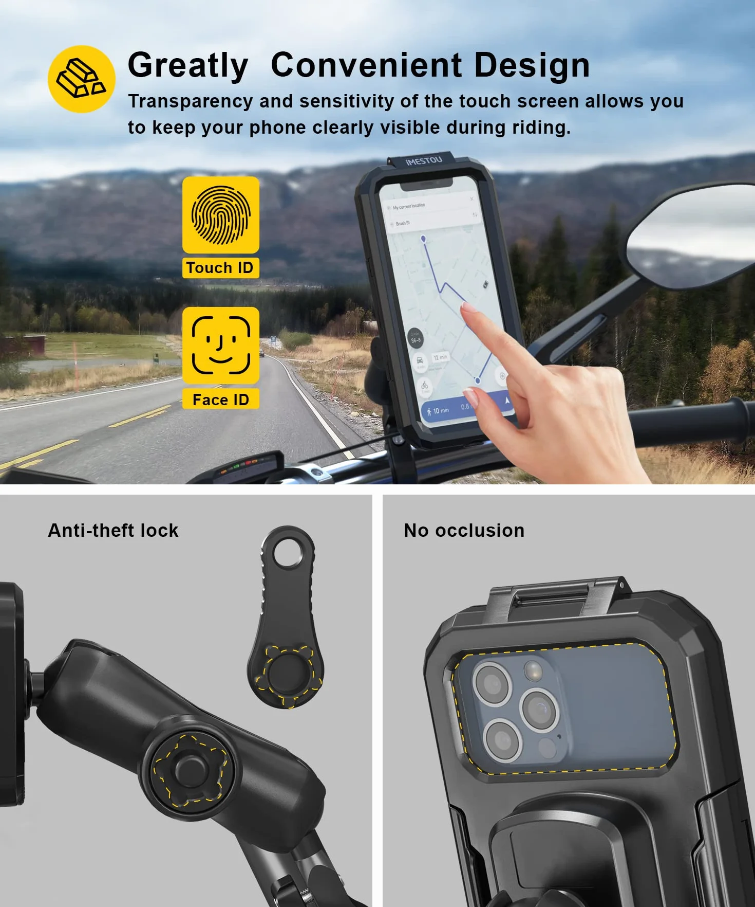 iMESTOU wasserdichte IP67 Motorrad Telefonhalterung, Fahrradhalterung mit 2,5 cm (1 Zoll) Doppelkugelsockel-Armen (S– für 3,5-6,1 Zoll Handys)