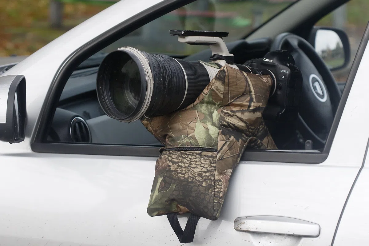 Grappler Kamera Bohnensack, Blattmuster, filled Polystyrene, Große U-förmige Tasche für die Tele- objektive zum Fotografieren aus einem Auto, Diese Tasche kommt mit Polystyrol vorgefüllt, wasserdicht