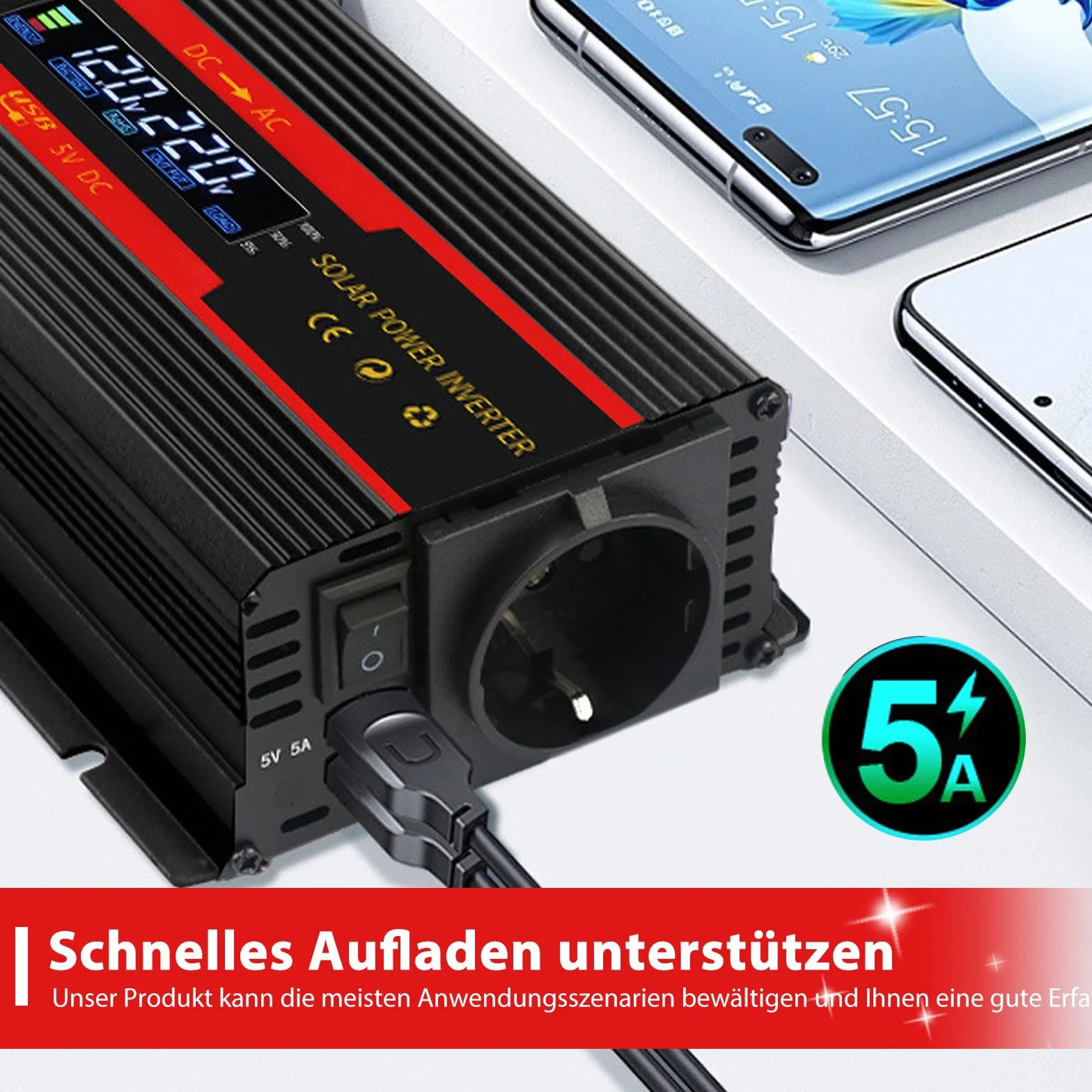 Wechselrichter Spannungswandler DC 12V / 24V auf AC 230V Modifizierte Sinuswelle Inverter 2000W mit EU Steckdosen, 2 USB und LCD-Anzeige Stromumwandler Adapter für Auto Kfz LKW Wohnwagen Camping