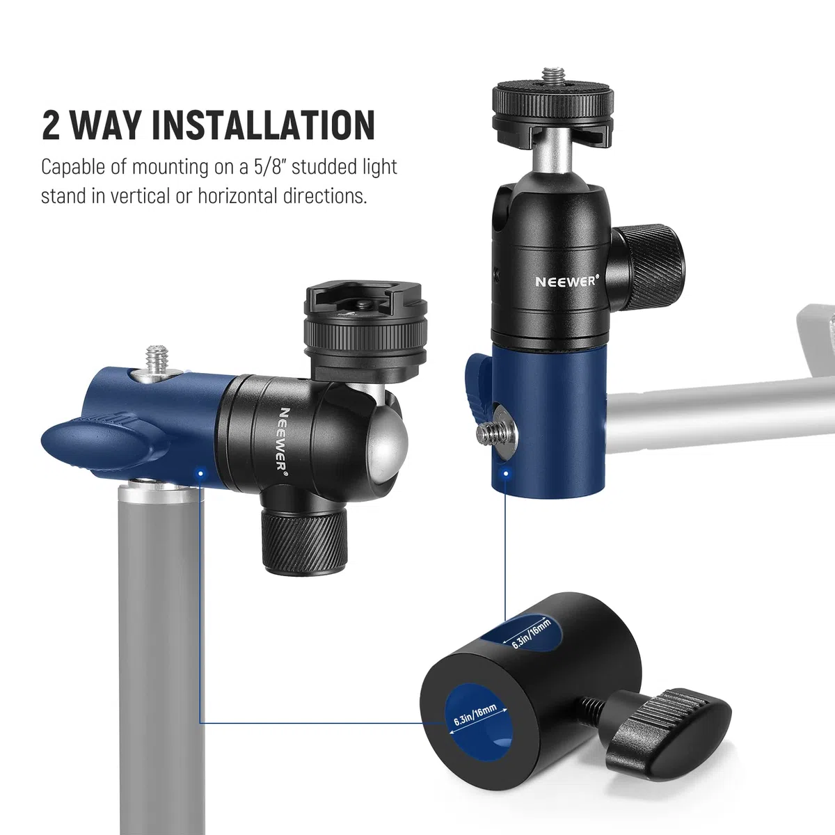 NEEWER Lichtstativ-Adapter mit Kaltschuh, 6,35 mm (1/4 Zoll) Mini-Kugelkopf, wendbare Montageplatte für Kamera-Monitor-Ringlicht, passend für Flachkopf/Galgenarm/C-Ständer, maximale Traglast 10 kg, 2