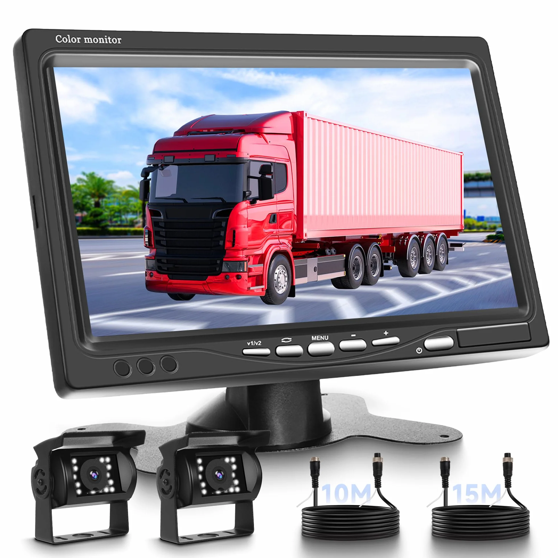Rimoody Rückfahrkamera Set 7 Zoll Monitor 2 Kameras IP68 Wasserdicht 18IR Nachtsicht Einparkhilfe LKW Anhänger 15m+10m Kabel