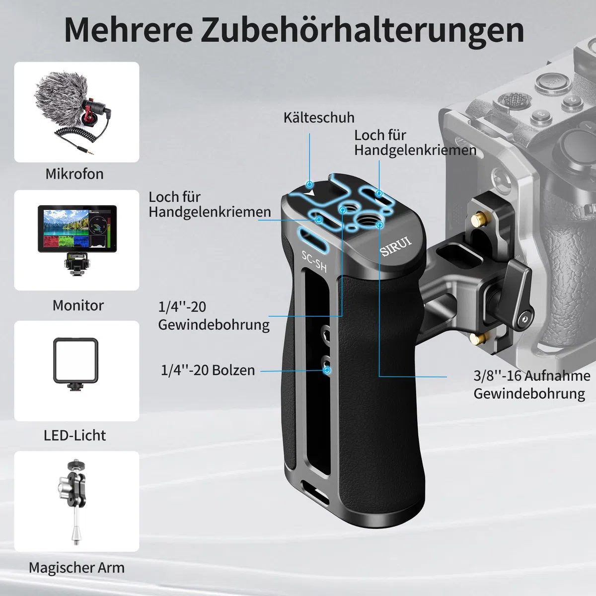 SIRUI Seitenhandgriff, Side Handle für Kamerakäfig, Zwei Befestigungsmöglichkeiten, NATO-Schiene, Fixierschraube, 3/8"-16 Schraube, 1/4"-20 Schrauben, rechts/Links verwendbar (SC-SH)