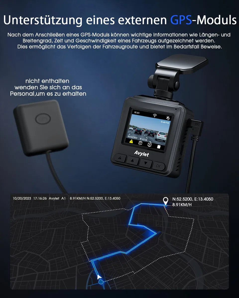 Avylet Dashcam 2K 1440P WiFi Mini Autokamera mit externem GPS 1.5" IPS-Bildschirm APP Super Nachtsicht WDR 24/7 Parküberwachung Loop-Aufnahme G-Sensor