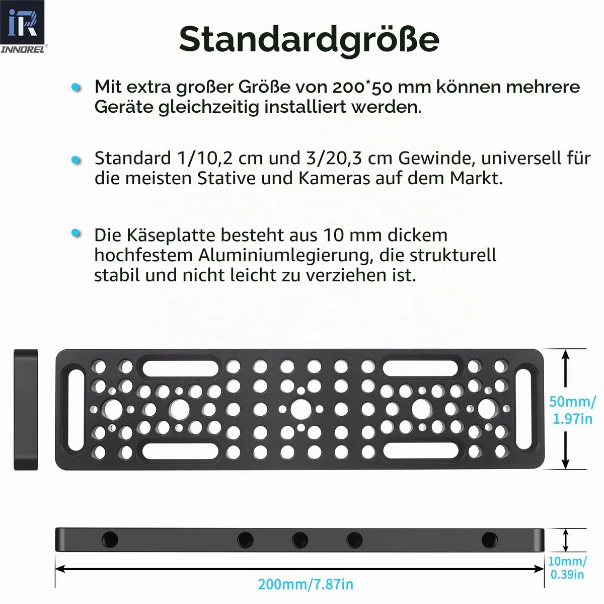 INNOREL CP2005 20 * 5cm Multifunktionale Käseplatte mit 1/4" & 3/8" Gewinden, Schaltmontageplatte mit eingebauten ARRI Locating Holes für Kamera und Stativ