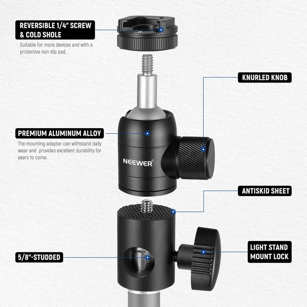 NEEWER Lichtstativ-Adapter mit Kaltschuh, 6,35 mm (1/4 Zoll) Mini-Kugelkopf, wendbare Montageplatte für Kamera-Monitor-Ringlicht, passend für Flachkopf/Galgenarm/C-Ständer, maximale Traglast 10 kg, 2