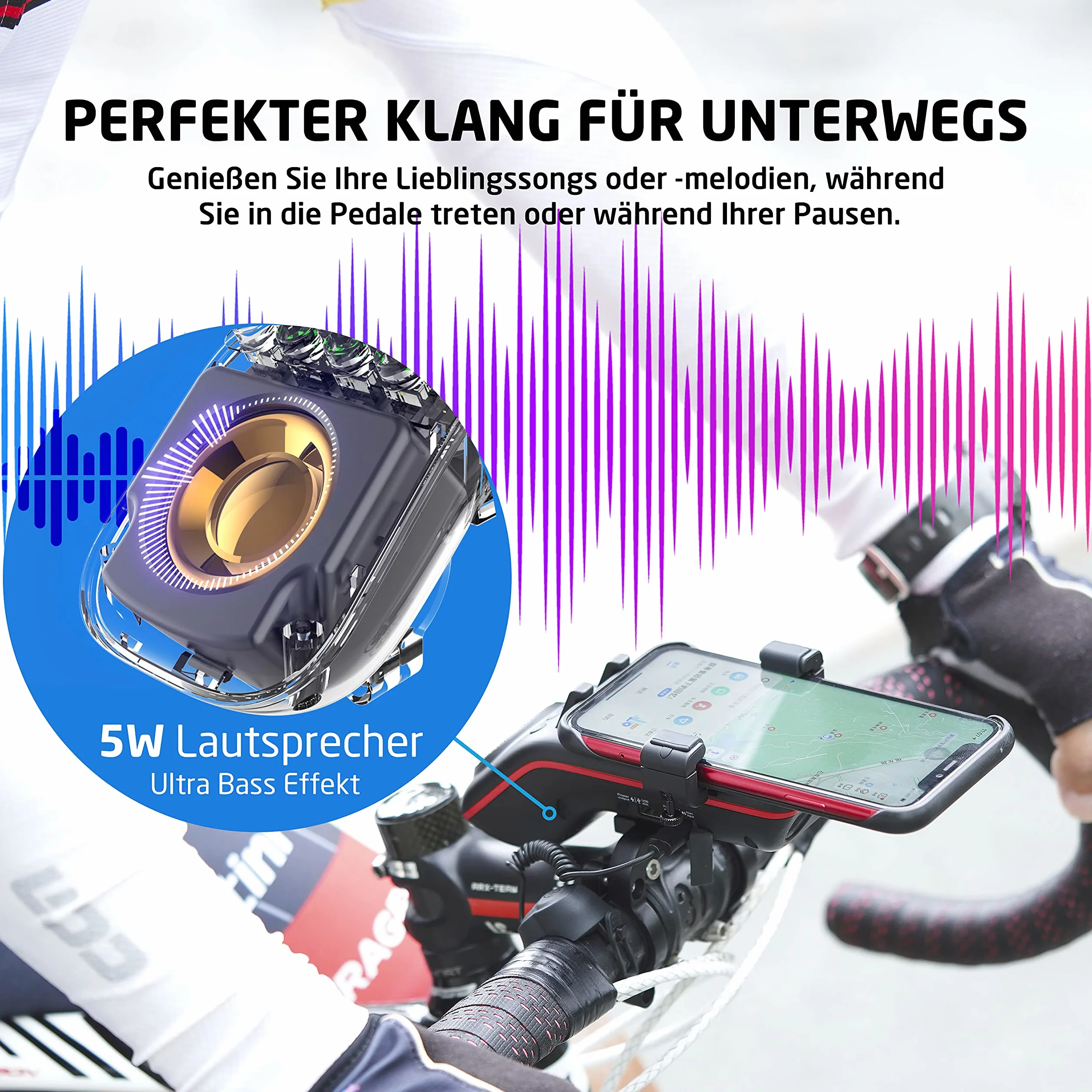 UPPEL Fahrrad Handyhalterung Mit Bluetooth Lautsprecher, 5000mAh Powerbank, Klingel, Mikrofon - 10-in-1 Multifunktional TF/SD/AUX Modus für Extrem & Freizeit Radsport, Mountainbike