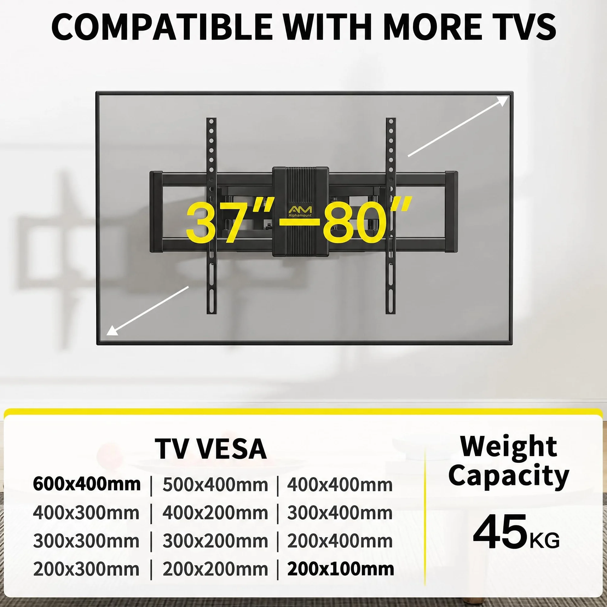 Alphamount TV Wandhalterung Schwenkbar für 37-80 Zoll Fernseher, Neigbar Ausfahren Wandhalterung Fernseher, TV Halterung Max Gewicht 45kg, VESA 200x100 zu 600x400mm
