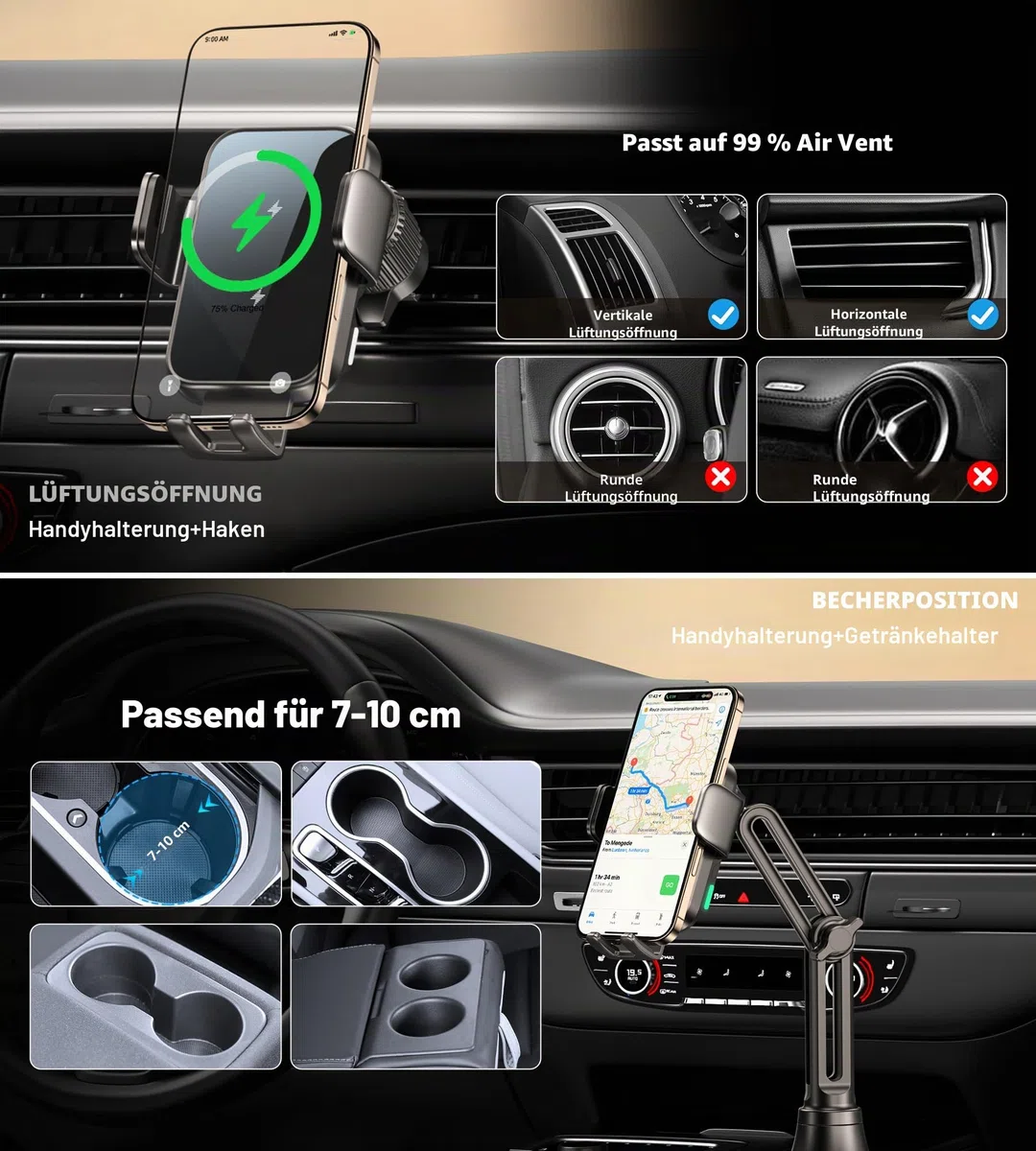 15W Handyhalterung Auto mit Ladefunktion, [360° Automatische Klemmung] Induktive Ladestation Auto Wireless Charger für Lüftung+ Saugnapf, Kfz Ladegerät für iPhone 17-12 (Black-Cup)