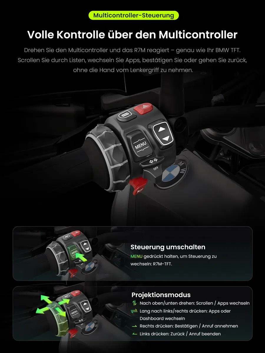 R7M 7" Wireless CarPlay & Android Auto für BMW Motorräder – Native Wonder Wheel- und Actionkamera-Steuerung | Echtzeit-Datenauslesung (TPMS/RPM) | OTA-Updates | 1200-Nit IP69K GPS | NAV Prep