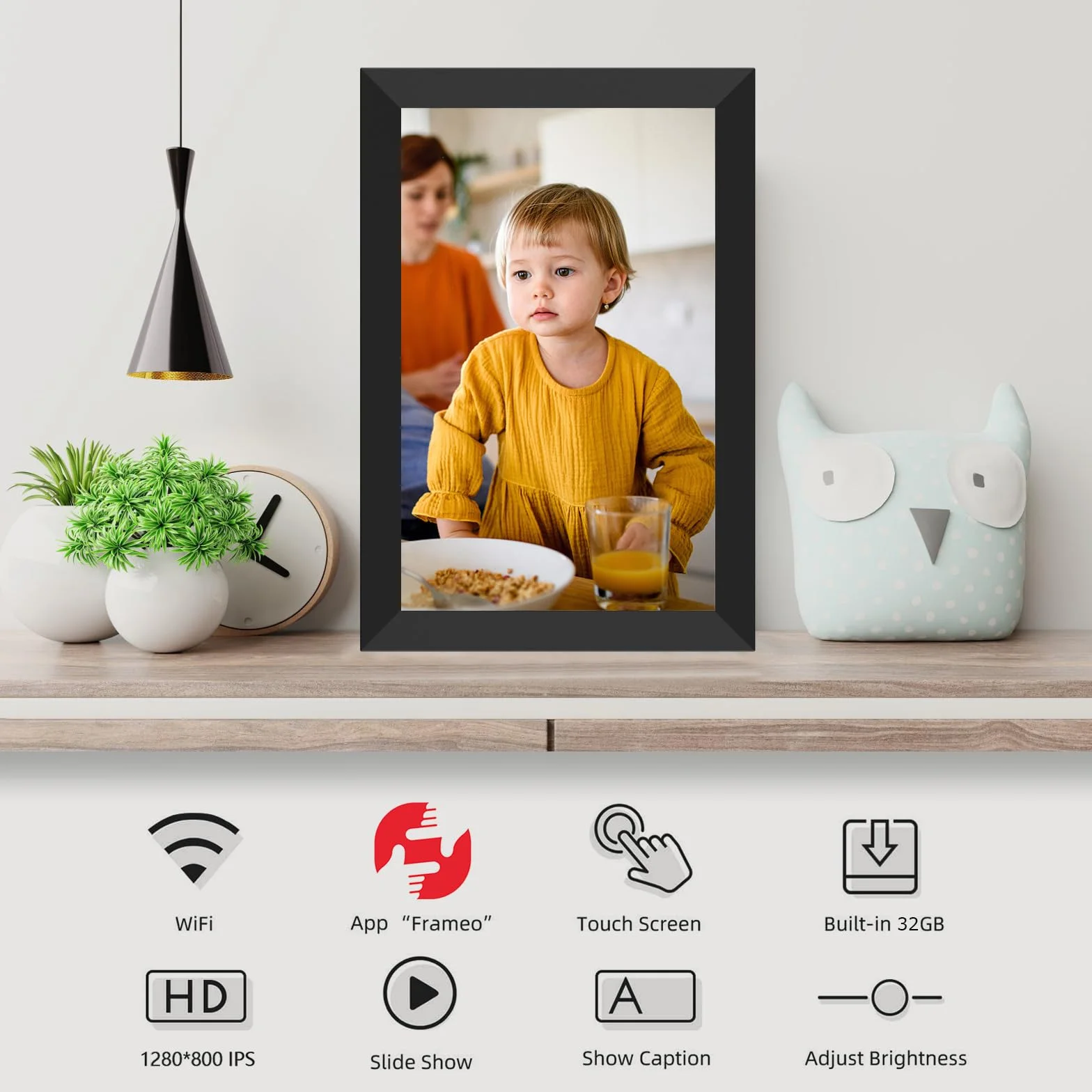 Digitaler Bilderrahmen WiFi 10,1 Zoll 1280x800 IPS LCD Touchscreen 32GB Speicher Frameo App Schwarz
