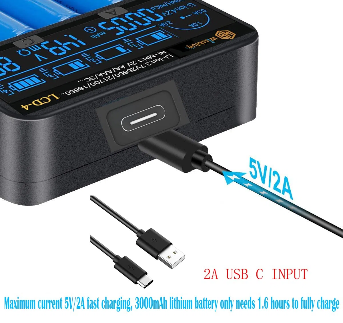 LCD-4 18650 akku ladegerät Batterie ladegerät 2A Schnell Leistung Batterie ladegerät ,LCD-Anzeige mit Power Bank-Funktion für 3.7V 14500 16340 18650 20700 21700 26650 1.2V AAAA AA A