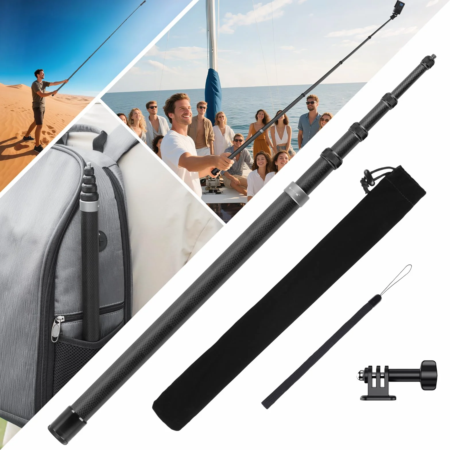 BRDRC 3m Selfie Stick Kohlefaser Selfiestange Unsichtbar Ultralang für Insta360 ONE X5, X4, X3, X2, RS - Kompatibel mit DJI OSMO Action - inkl. Go Pro Adapter & Aufbewahrungstasche
