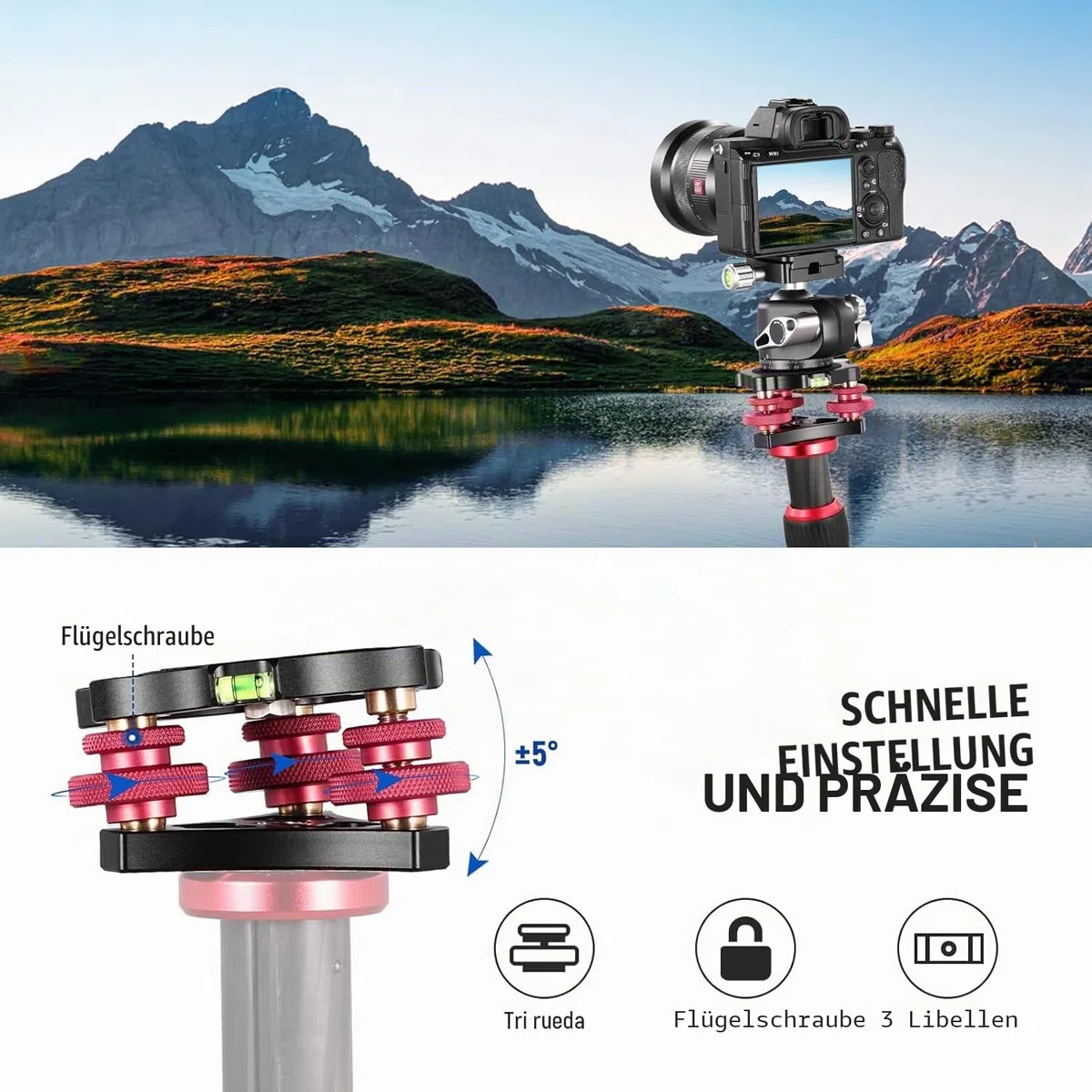 NEEWER Stativkopf Nivelliersockel, Kamera Nivelliergerät, 3 Achsen Dreiradkopf aus Flugzeugaluminiumlegierung, 3/8" Gewinde, -5° präzise Winkeleinstellung für Makro Panoramafotografie, LP64