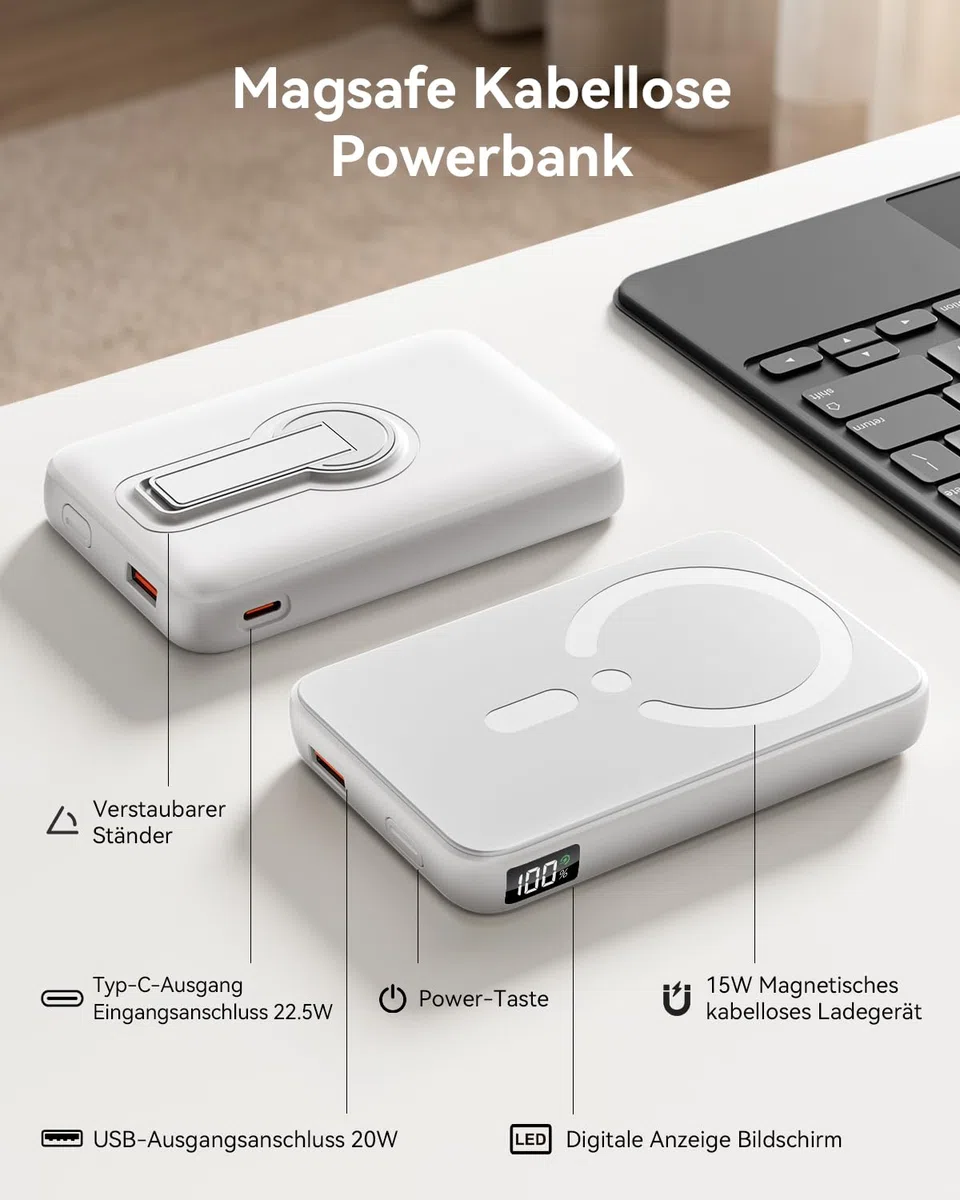 Powerbank für Magsafe, 12000mAh Kabelloses Power Bank mit 22.5W PD USB-A Ausgabe, Magnetische Externe Handyakkus mit LED-Anzeige, Typ-C Eingang & Ausgang für iPhone 17/16/15/14/13/12/Pro/Pro Max
