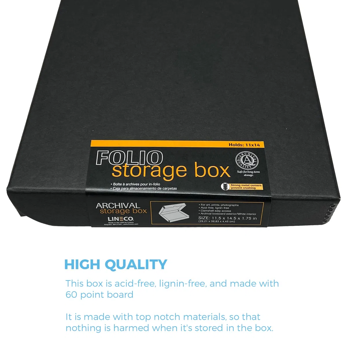Lineco 27,9 x 35,6 cm Klapp Folio Aufbewahrungsbox, 4,4 cm, Metall Tiefer Rand Archivierung Faltschachtelkarton, Abnehmbarer Deckel, Farbe: Schwarz