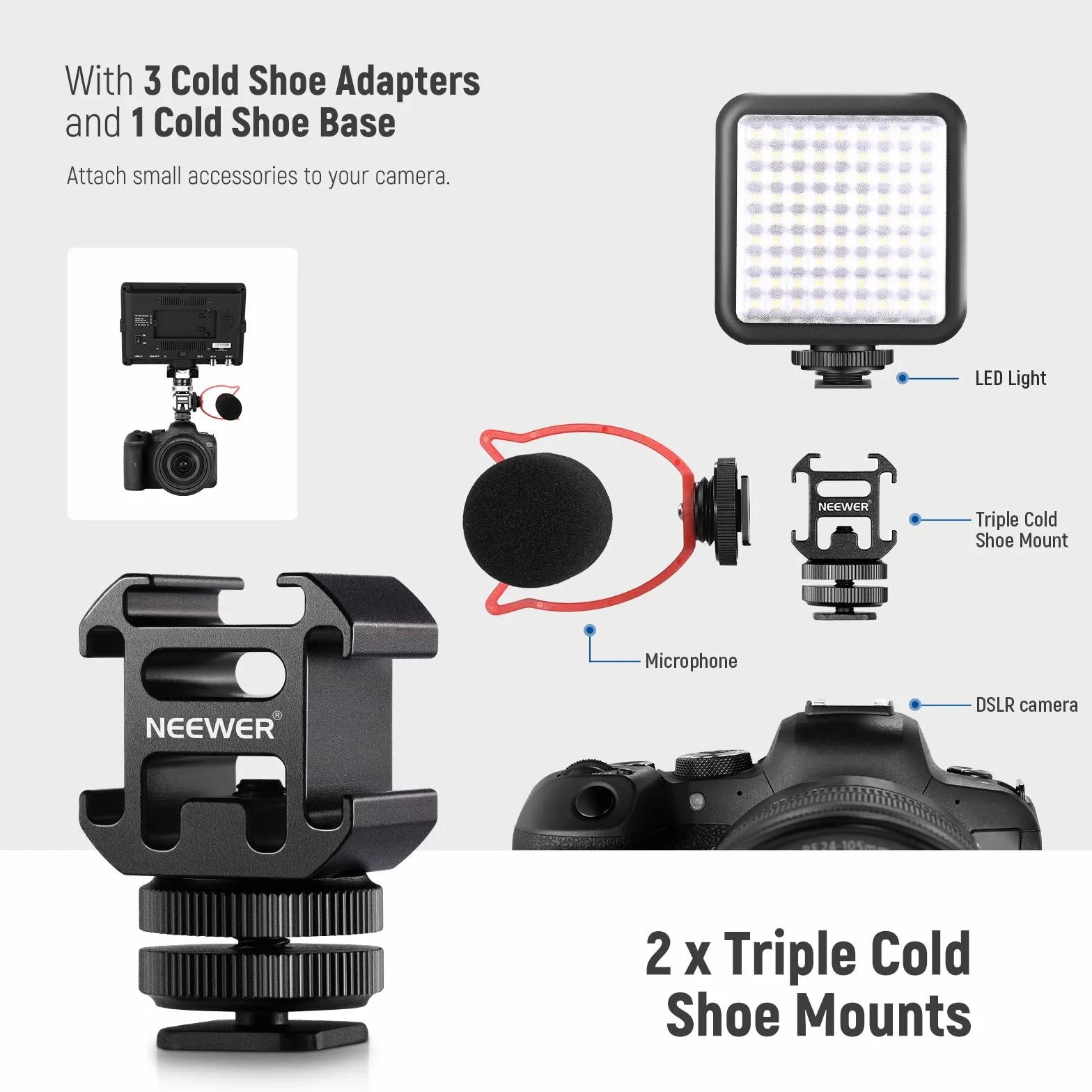 NEEWER 8 PCs Hot Shoe Mount Adapter Kit, inklusive Triple Cold Shoe Mount, 1/4" Schraube, Blitzstativhalterung und Hot Shoe Cover für DSLR Kameras, LED Leuchten, Mikrofon, Lichtständer, Monitor