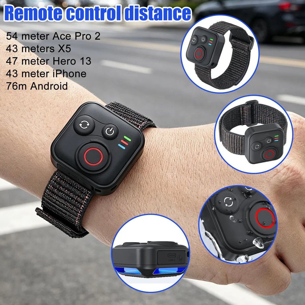 Bluetooth Fernbedienung für Insta360 X5/X4/X3/X2/ONE RS 1/Ace Pro/Ace Pro 2/A-ce/GO 3S/Hero 13/12/11/10/9/8/MAX/Mini/IOS/Android Smartphone Kameras Zubehör, 50m Reichweite, Wireless mit Handschlaufe
