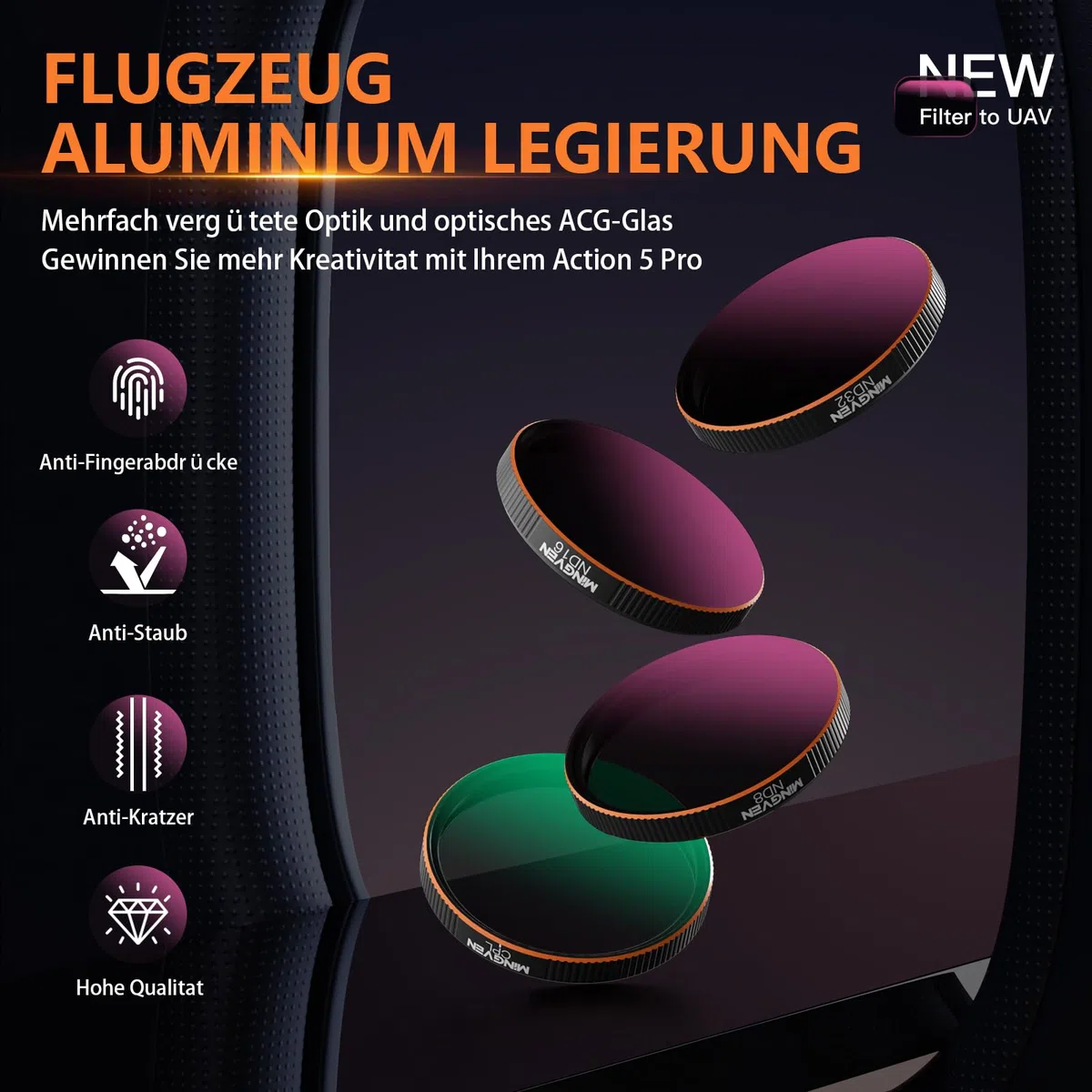 ND-Filter-Set für DJI Osmo Action 5 Pro, CPL + ND-Filter-Set, Kompatibel Mit Osmo Action 4/3 Zubehör, 4er-Pack (CPL, ND8, ND16, ND32)