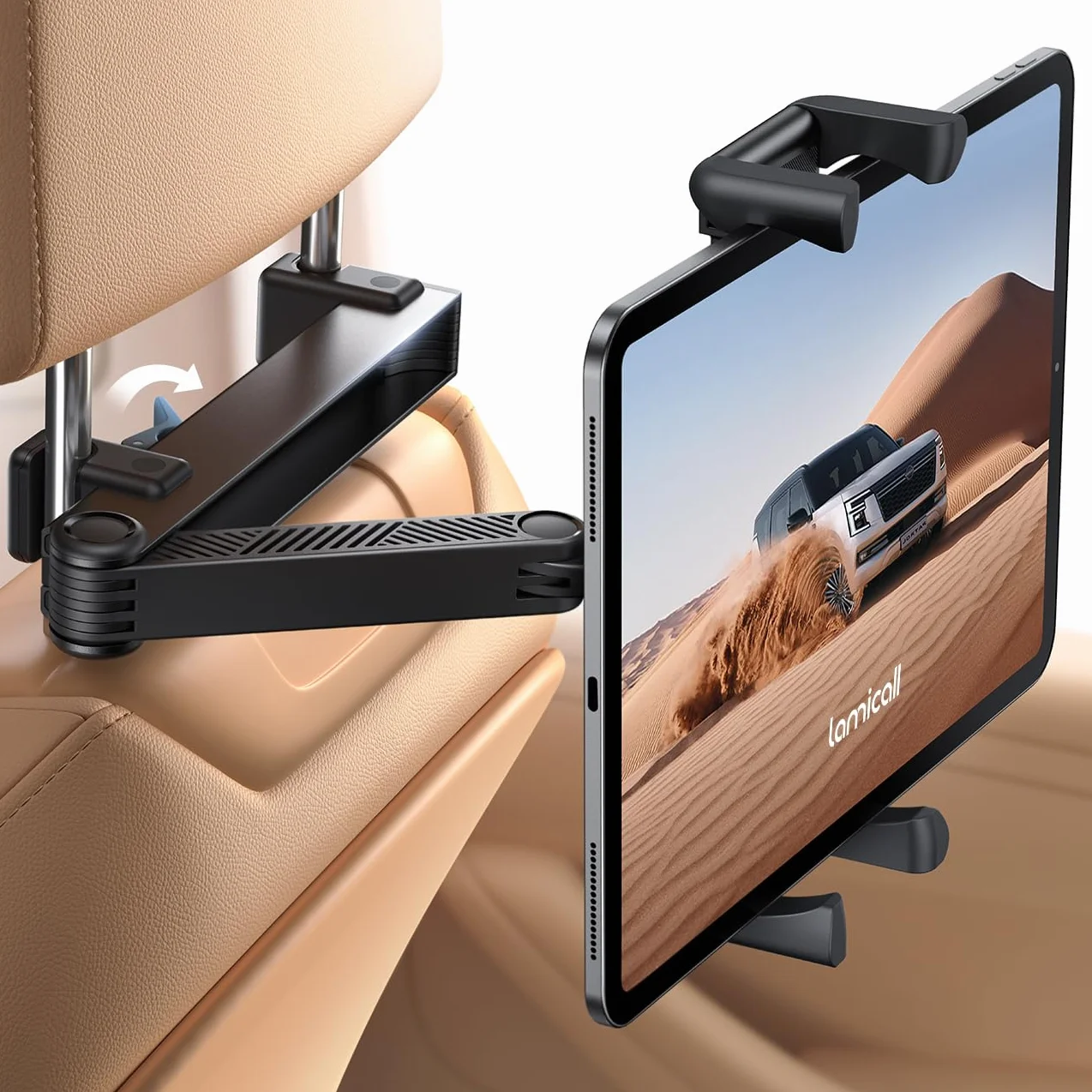 Lamicall Tablet Halterung Auto Kopfstütze - [Doppelt Faltbares Design] Tablethalterungen Auto mit Abschließbarer Alu-Arm, Ausziehbare KFZ Tablet Autohalterung für iPad, 6,1-13 Zoll Geräte & Smartphone