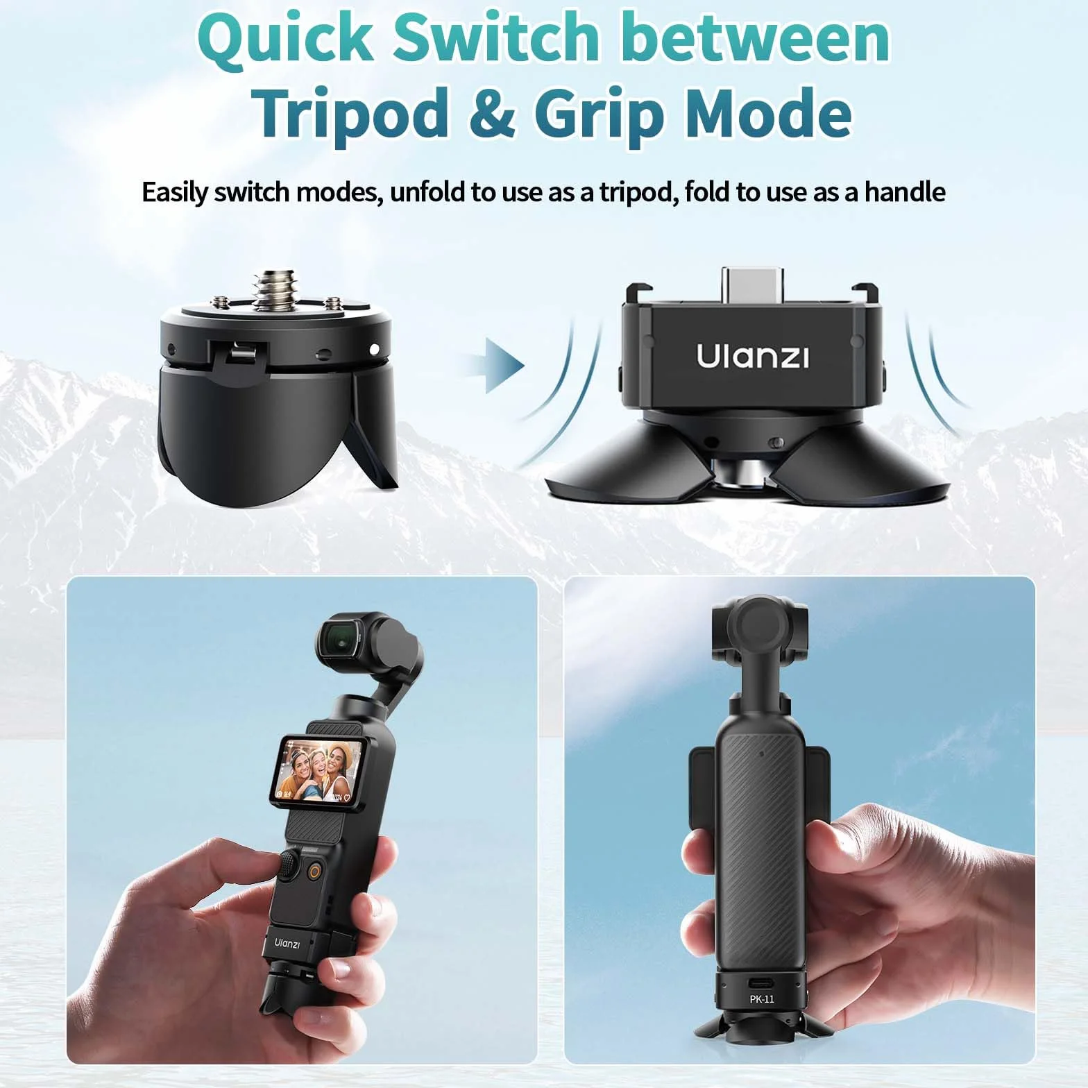 ULANZI Pocket 3 Mini Stativ Kit für DJI Osmo Pocket 3-Zubehör, Type-C-Ladeanschluss mit 1/4-Schraubenloch, für DJI Osmo Pocket 3, Smartphones, Action Kameras, Stativen, Gimbals (PK-08 & PK-11)