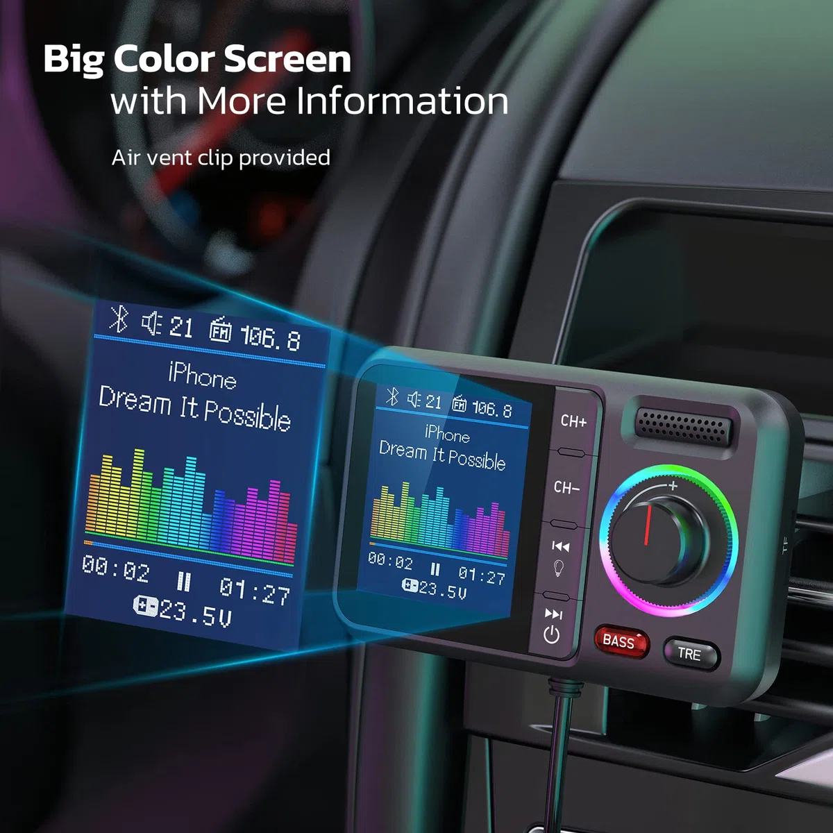 Nulaxy Bluetooth Adapter Auto FM Transmitter Bluetooth V5.0 Großer Bildschirm Unterstützung für Handfreie Anrufe Siri&Google MP3-Musik wiedergabe Subwoofer &TRE-Erweiterungen TF-Karte/AUX-KM28 Schwarz