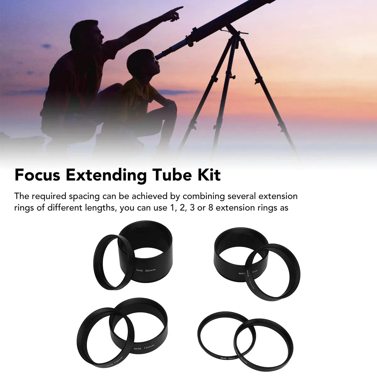 8 PCS M48x0.75 Brennweiten-Verlängerungsrohr-Set, 3 5 7 10 12 15 20 30mm Teleskopverlängerung Zubehör für Astronomische Teleskop Fotografie