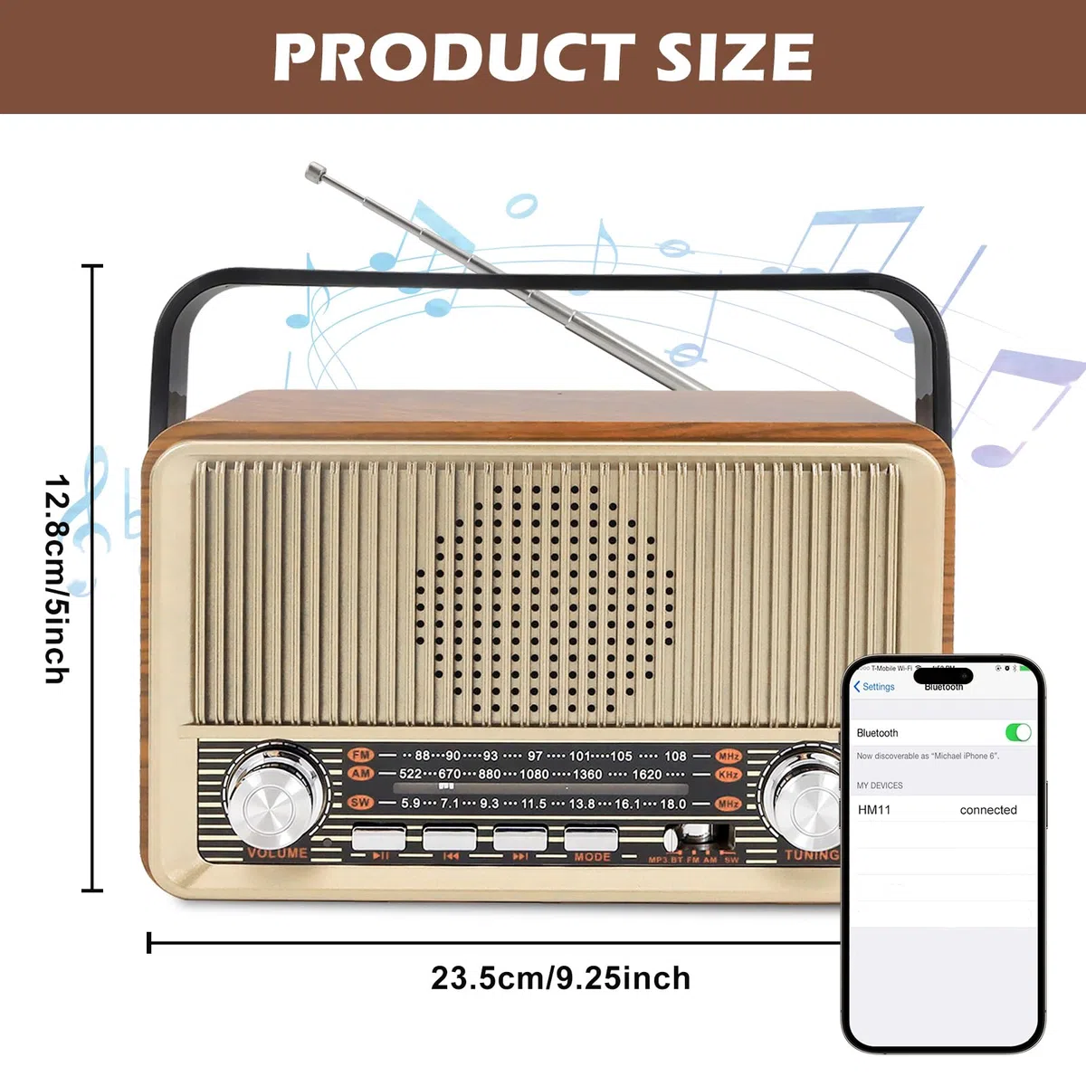 Retro Radio mit Bluetooth, Nostalgie Kofferradio Klein mit AM/FM/SW3, USB/TF/AUX, Wiederaufladbar, Küchenradio, Vintage Radio für Küche, Büro, Outdoor