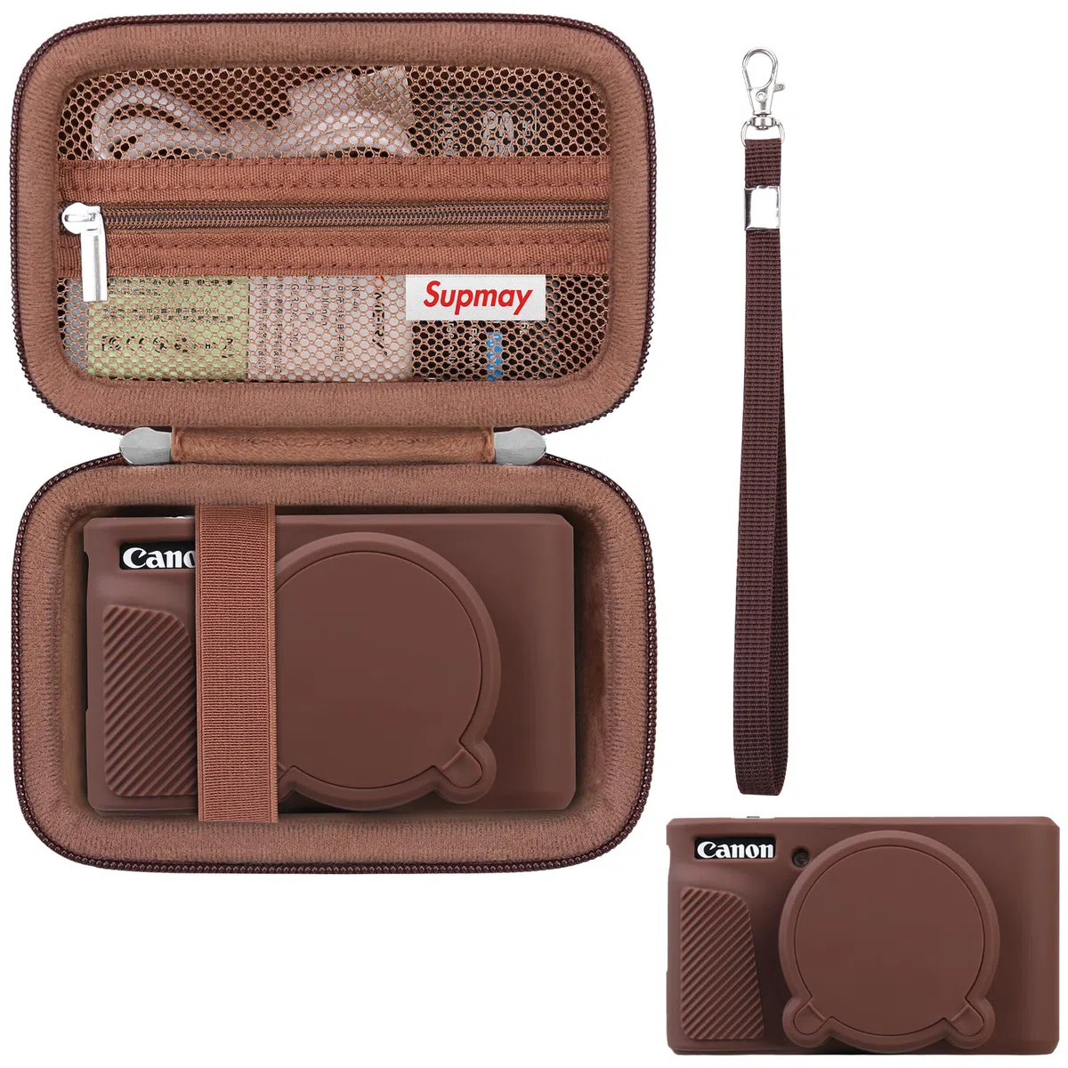 SX740 HS Kamera Fall Bundle, Schließen Sie Harte Tragetasche*1 + Silikon Kamera Case*1 EIN, Kompatibel mit Canon PowerShot SX740/SX730 HS Digitalkamera, Hüllen mit weichem Silikonhülle, Braun