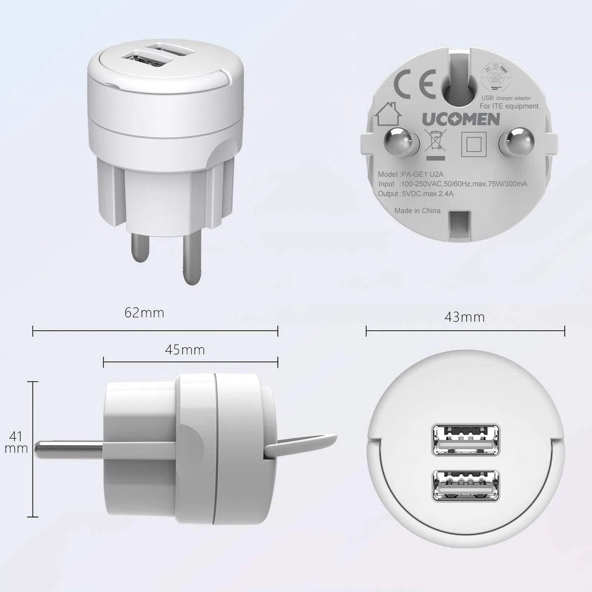 Mini USB Stecker, Netzstecker USB für Smartphones, Smartwatches, Kopfhörer, TÜV Zertifiziert,weiß, 2er Pack