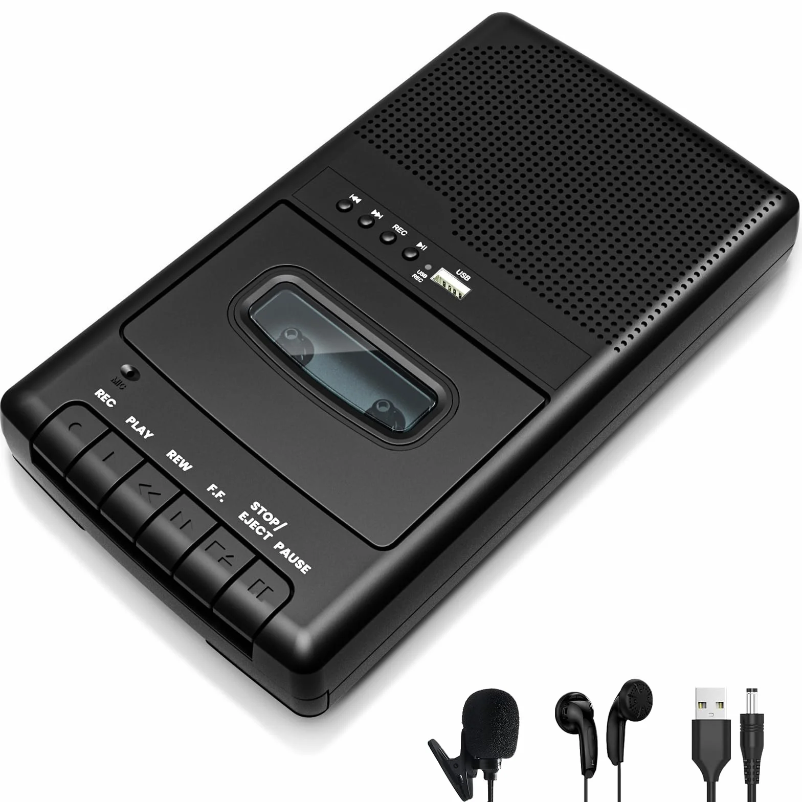 Tragbarer Kassettenrecorder mit One Touch Aufnahme, Mobiler Kassettenspieler & USB-Digitalisierer,Kassettenspieler-Recorder,Eingebauter Lautsprecher, Ausziehbarer Griff, 3,5-mm-Kopfhörer,Schwarz