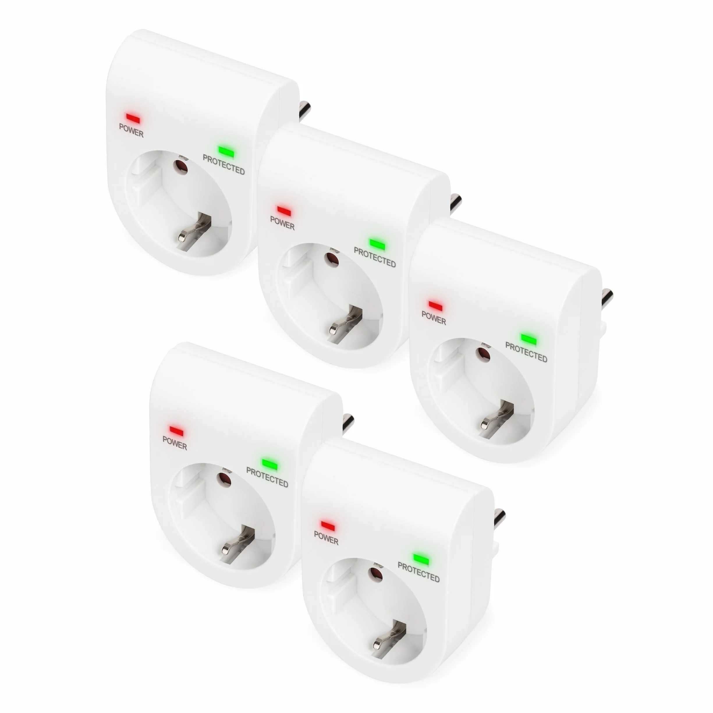 DIGITUS DN-95400 – Überspannungs-Schutzadapter – 5 Stück – 16 A / 230 V / 50 Hz – Max. 3.500 W – LED Status-Anzeige – Ableitstrom Max. 13.500 A – Weiß | 16 A / 230 V / 50 Hz – Max. 3.500 W – Schutzkontaktsteckdose – LED Status-Anzeige – Weiß