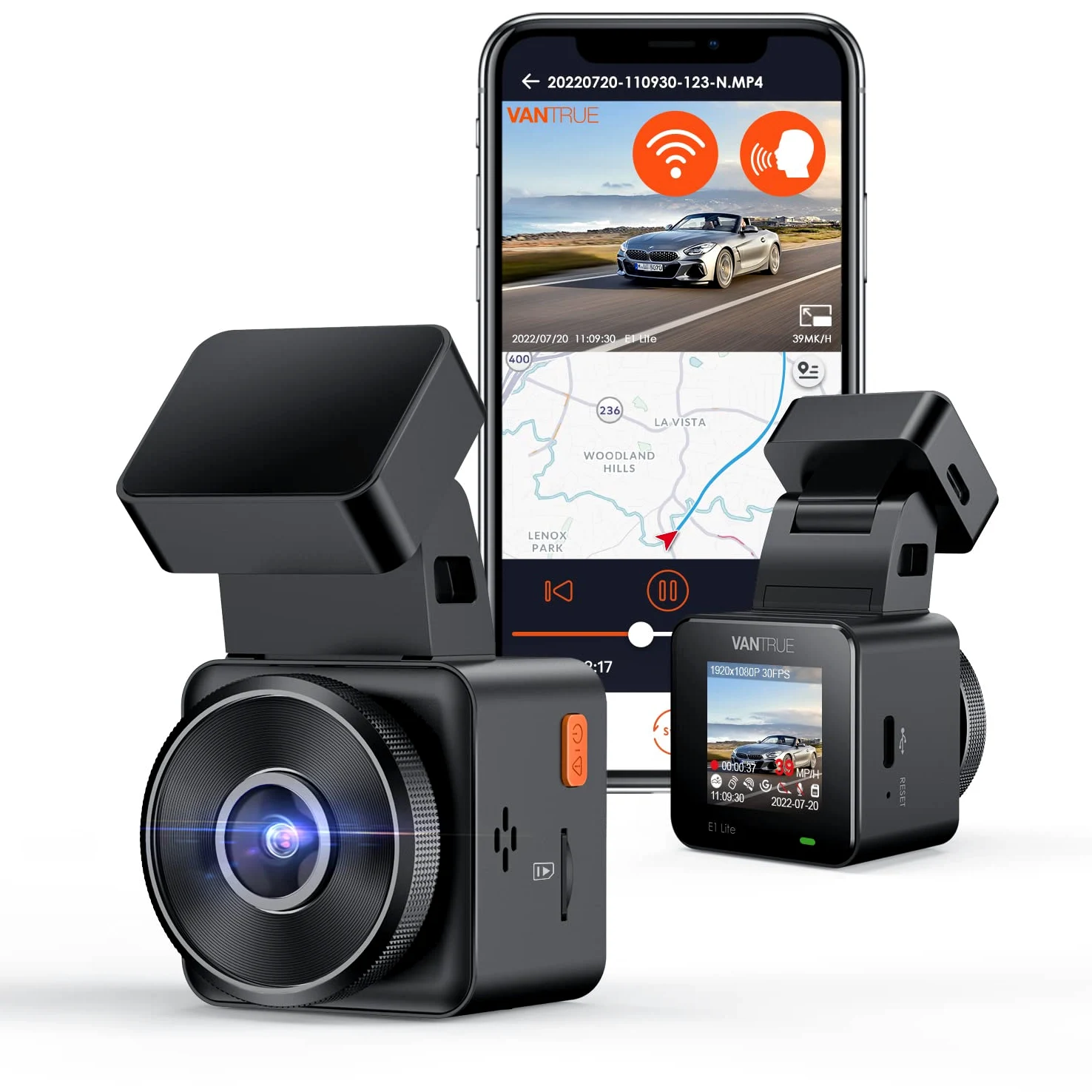 VANTRUE E1 lite Mini Dashcam WiFi vorne 1080P HDR 30fps Sprachsteuerung 1,54" IPS Versteckte Dash Cam Auto 160° Nachtsicht 24Std. Parküberwachung GPS G-Sensor Loop Aufnahme 512GB