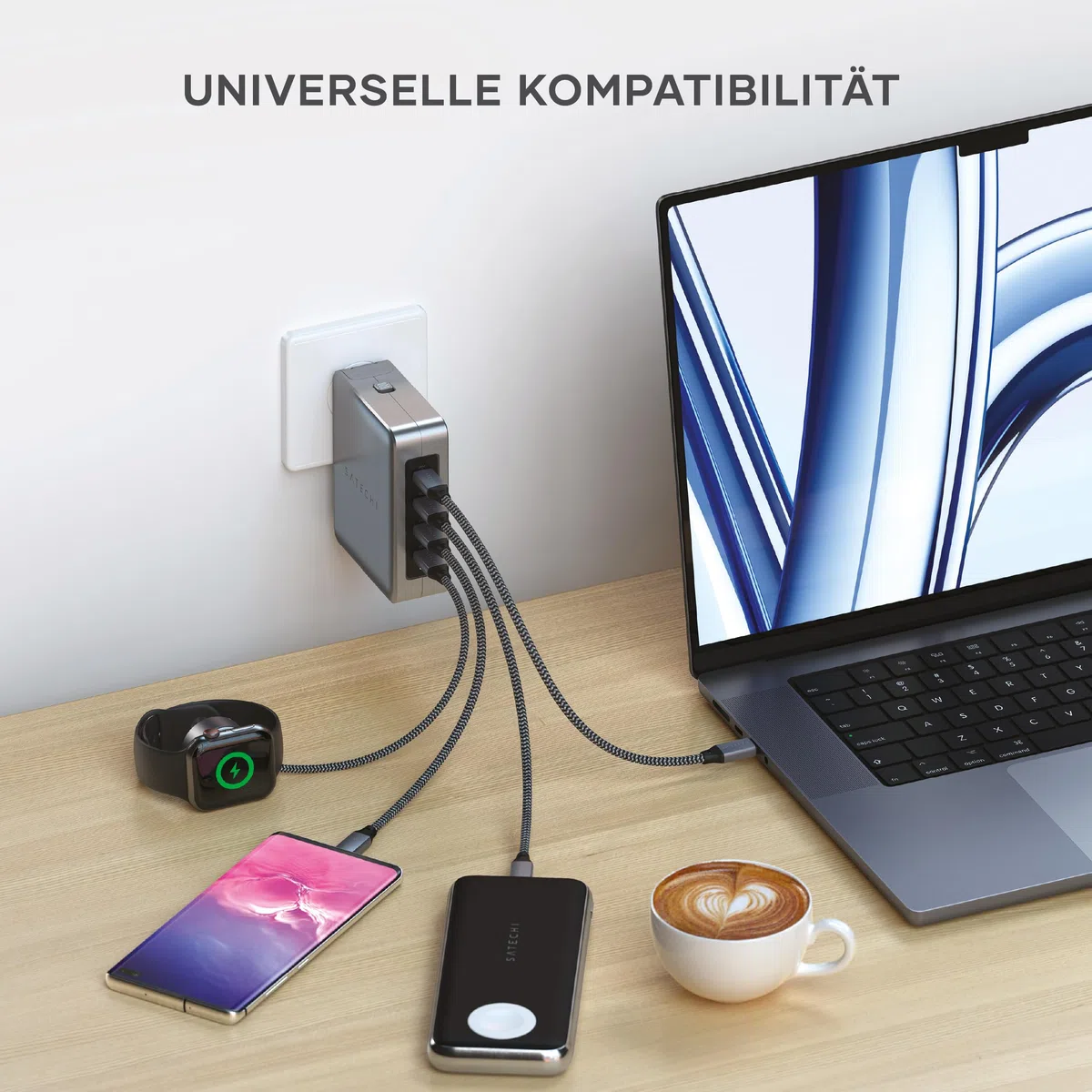 SATECHI 145W GaN Reiseladegerät, 4-Port USB-C Ladegerät, 2 USB-C PD 3.1, Schnellladestation für MacBook Air & Pro M5 M4, iPad Air & Pro M5 M4, iPhone 17, 16, 15 bis 12 Serie, Android, Windows