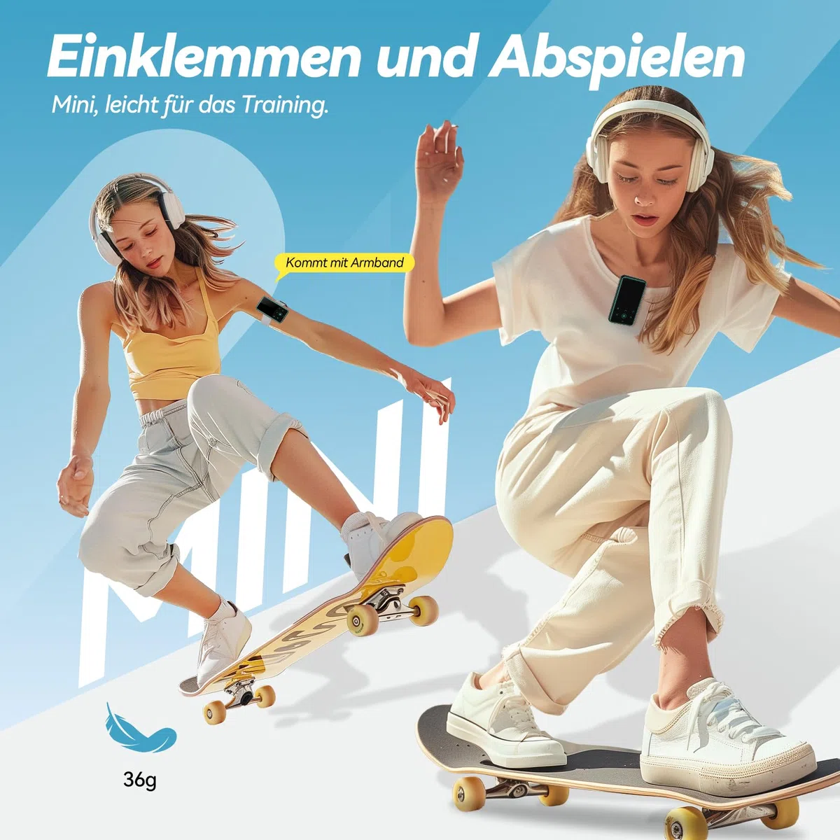 AGPTEK 64GB MP3 Player mit Sport Clip, Bluetooth 5.3 Player mit 1,8 Zoll TFT Farbbildschirm, Mini Musik Player mit Touch-Tasten, FM Radio, Schrittzähler, unterstützt bis 128GB SD Karte, Blau