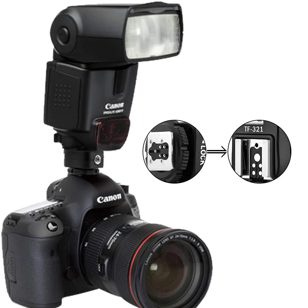 Pixel TF-321 E-TTL Blitzschuh-Adapter mit extra PC-Sync-Port für Canon DSLRs und Blitzgeräte
